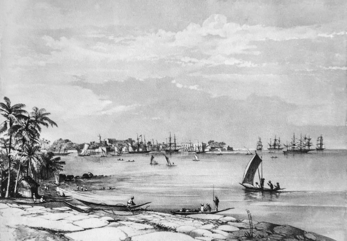 old black and white drawing of a harbor with boats showing legacy of carson